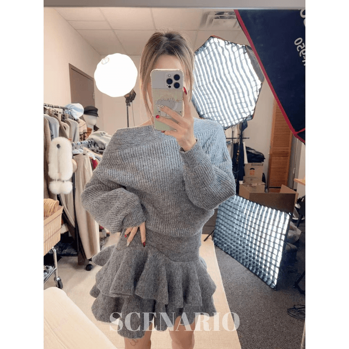 Wool Cocoon & Ruffle Knit Set 2 Pieces-Two Colors Gray / Free