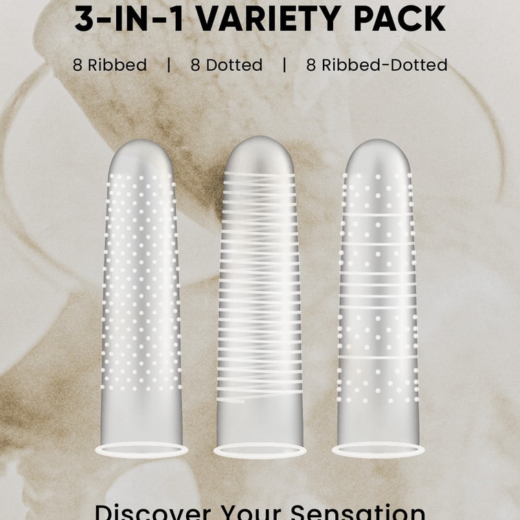 Mix Textured Finger Condoms, 24-Pack Variety Set with Dots, Ribs & Combo Textures for Exploratory Sensation,Pre-Lubricated with MUL-Fusion™ 400mg Hyaluronic Acid 5