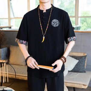 Chinese Style Cotton and Linen Color Block Knot Button Tang Suit T Shirt Black M