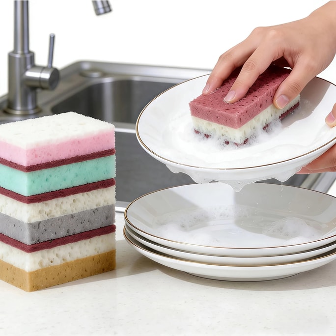 RHFJAKA 美国直邮 9个装双面厨房清洁海绵 – 强力去污百洁布和吸水纤维素海绵组合 – 多功能洗碗海绵,适用于锅碗瓢盆、水槽和浴室清洁