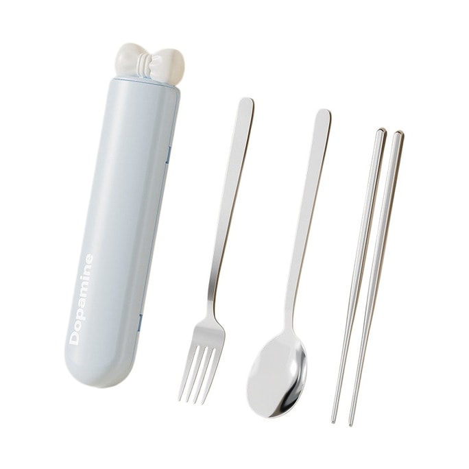 Bowknot Portable Cutlery Set 3 Pieces Blue Dopamine Style 304 Stainless Steel Spoon Fork Chopsticks Magnetic Storage Case For Student Office Worker