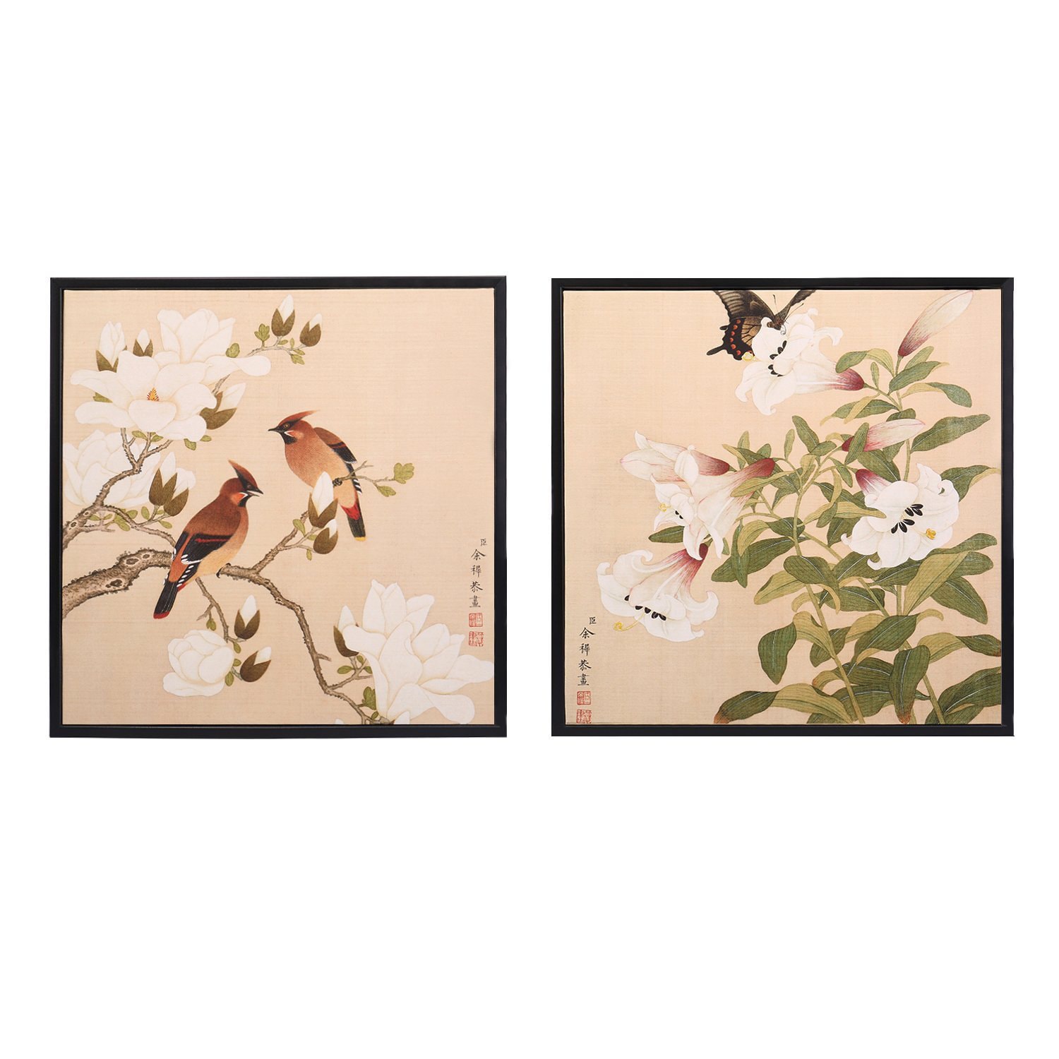 INK WASH 清代余穉花鸟图两联家居装饰画已装裱13