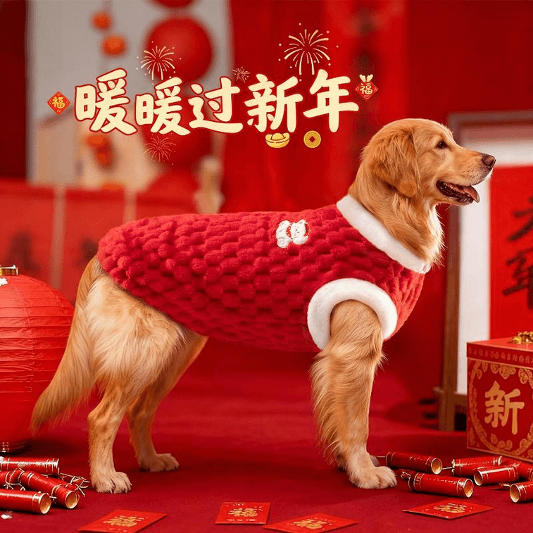 【中国直邮】 宠物时光 新春衣服保暖防掉毛带牵引扣秋冬装幼小型犬狗狗宠物红双面保暖XL码10-13斤47cm*1件 3