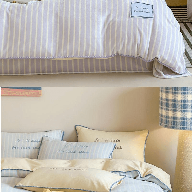 【中国直邮】 Lullabuy 撞色格子条纹床上四件套 床品被套枕套(床笠款)葡萄奶昔-Queen