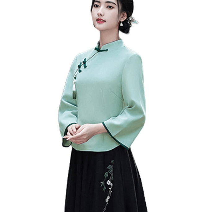 Chinese Style Vintage Slant Knot Button Cheongsam Ceremonial Tea Attire Top Green 3XL