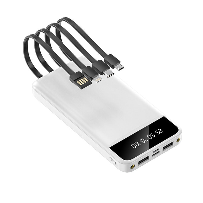 High-Capacity Power Bank Built-in Charging Cables Apple Android Type-C USB Power Cable 10000mAh White