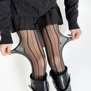 Vintage Court Style Vertical Lace Cable Knit Polka Dot Slimming Jacquard Pantyhose,Black F 1Pair