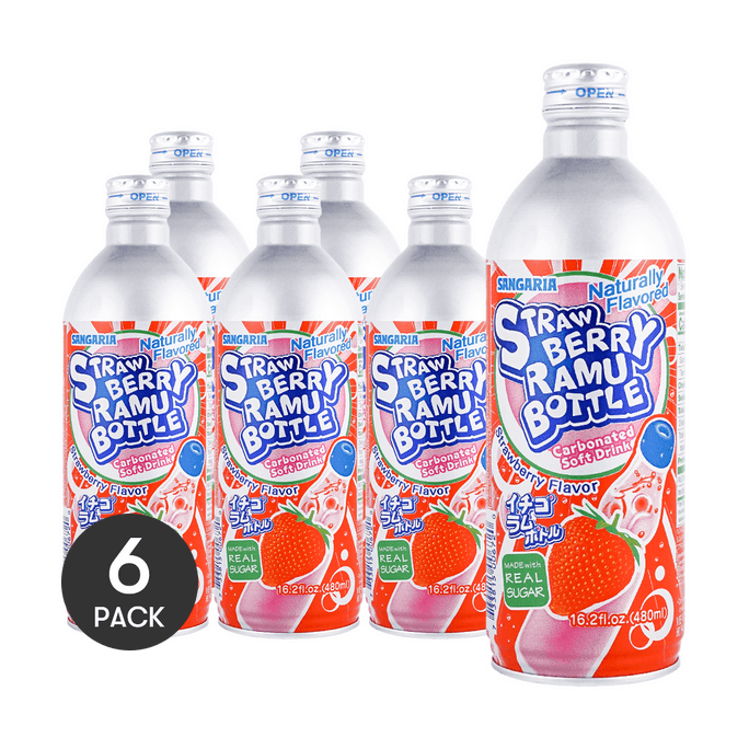 Strawberry Ramune Bottle Carbonated Soft Drink,  16.2 fl oz *6【6 Packs】