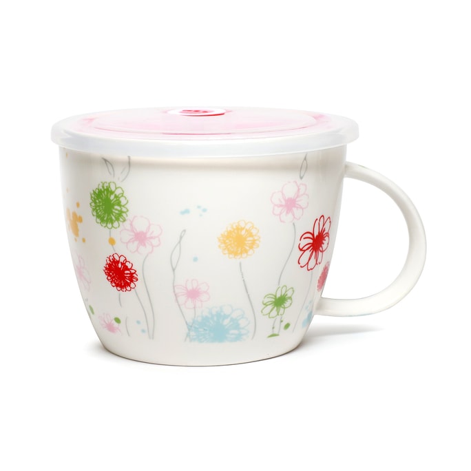 GINKGOHOME Microwavable Ceramic Noodle Bowl with Handle and Seal Fine Porcelain Floral Design - Mixed Flowers 24oz