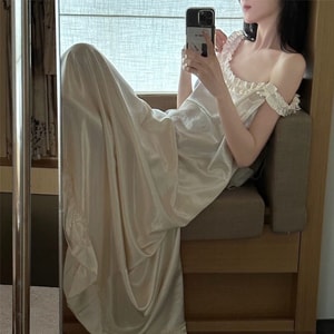 【中国からの直送】HSPM フレンチスタイル アイスシルクサテンパジャマ、パールホワイト プリンセスサテンレースナイトガウン、スパゲッティストラップロングドレス、パールホワイトプリンセスナイトガウン、ブラパッド付き、ロングサイズ、1ピース