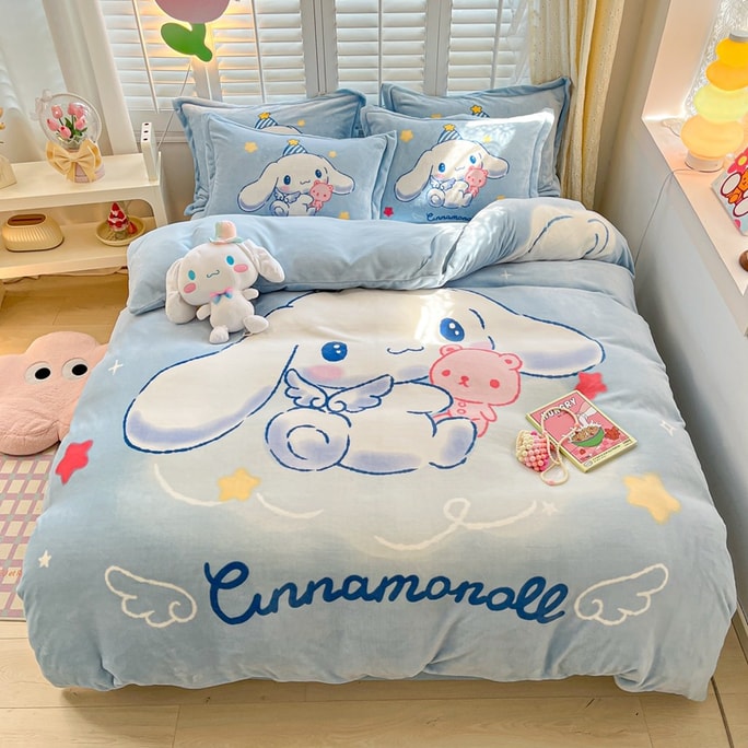 Sanrio Cinnamoroll Cute Cartoon Thickened Coral Fleece Four-Piece Bedding Set