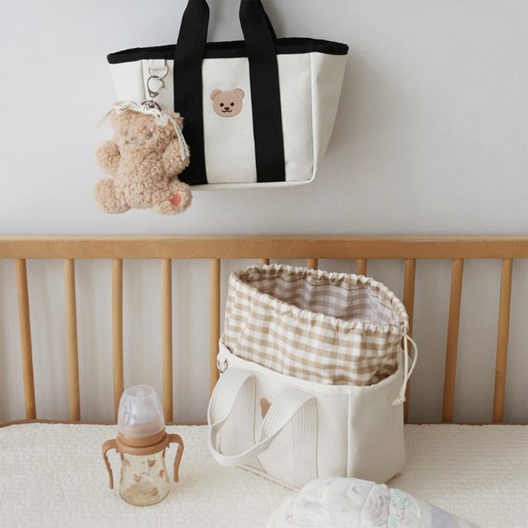 Korean Ins Drawstring Storage Multifunctional Handheld Baby Bag Embroidered Bear Canvas Bag Lightweight Outdoor Bag Drawstring Black Plaid Bear Bag One Piece 4