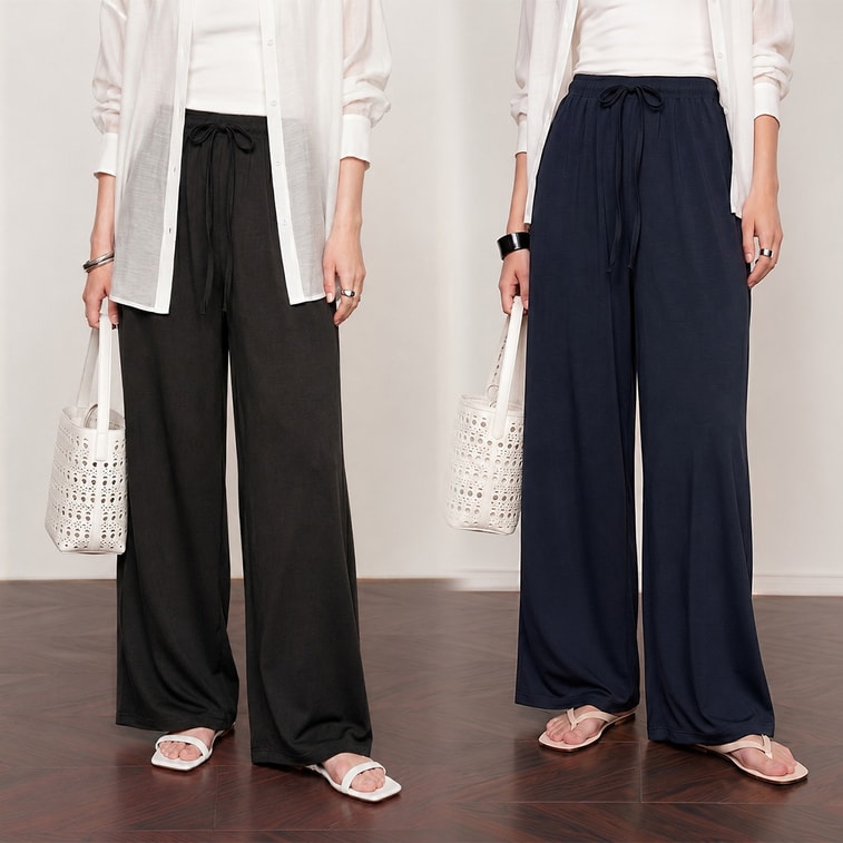 【Livraison directe depuis la Chine】 Pantalon décontracté en soie glacée HSPM bleu brume, longueur étendue M, 1 pièce. Pantalon long décontracté fin avec cordon de serrage et drapé droit. 5