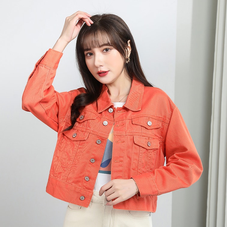 中国直邮 HEY+JEANS 牛仔外套女装糖果色设计感宽松短款小香风外套 卡其色 S 4