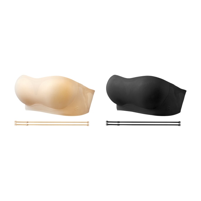 Strapless Bra Non-slip Push-up Seamless Tube Top 2 Piece S( 65B/C 、70AA/A/B) Almond  Tone+Black  *2 Piece Black