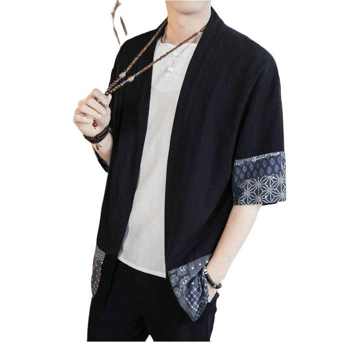 【中國直郵】 ASIS 風棉麻印花拼接中袖唐裝襯衫-黑色 5XL
