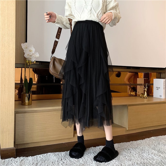 Spring new fashion irregular crotch skirt mid-length women's high waist mesh skirt