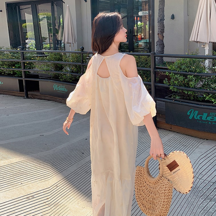 New Heavy Industry Embroidered Off Shoulder Lantern Sleeve Dress in Apricot Rice Color M 3