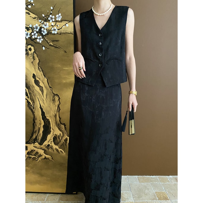 HSPM New Chinese Style Jacquard Chinese Style Single Breasted V-neck Vest Black (Vest) L