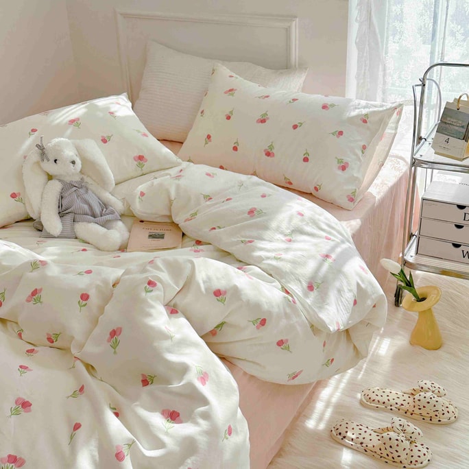 【中国直邮】Lullabuy 莫奈花园 纯棉床上四件套四季床品床单被套家居用品(床单*1+被套*1+枕套*2)郁金香 Queen Size
