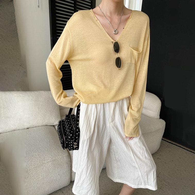 【Livraison directe de Chine】 Chemise en Tencel et lin HSPM, taille F, jaune, 1 pièce, style français décontracté avec ourlet roulé, protection solaire, manches longues 4