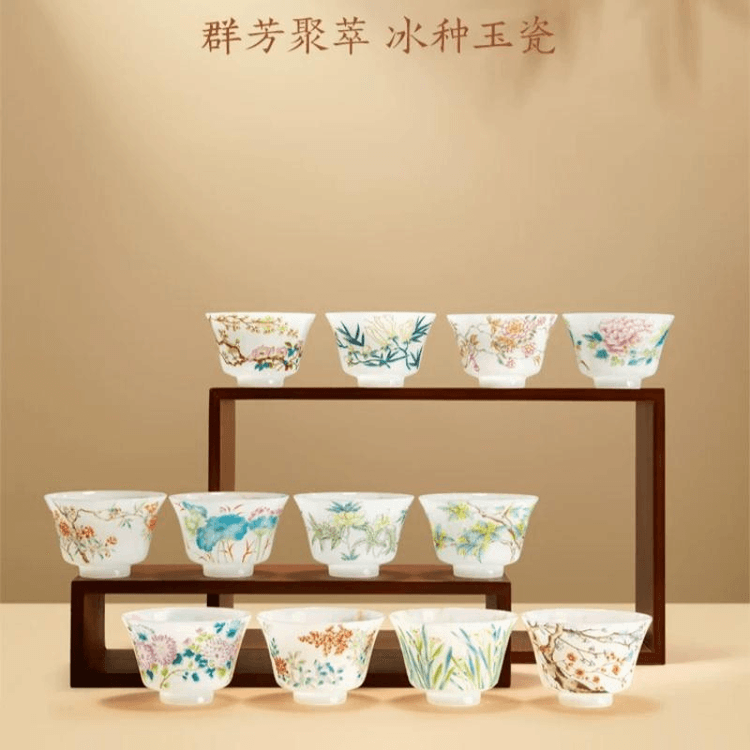 中国直送】故宮博物院文化創作商品：十二花柄茶碗と茶器セット