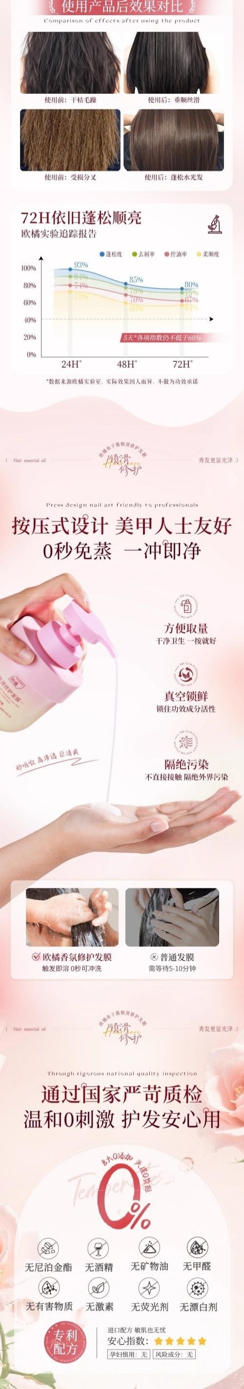 【中国直邮】 欧橘 鱼子酱发膜 角蛋白矫正修护 专攻烫染受损发 补水顺滑毛躁【清冷玫瑰花香】300g/瓶