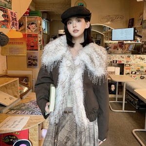 【中国直送】HSPM 秋冬新作 年齢を感じさせないカジュアル コットン パッド入り ジャケット 肌に優しく環境に優しいファーカラー パッチワーク ショート コットン パッド入り ジャケット ブラウン S