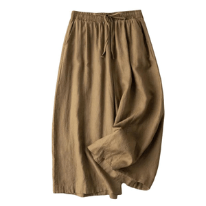 차이나 ASIS 코튼 및 리넨 하이웨이스트 루즈 크롭 와이드 레그 팬츠-카키 M