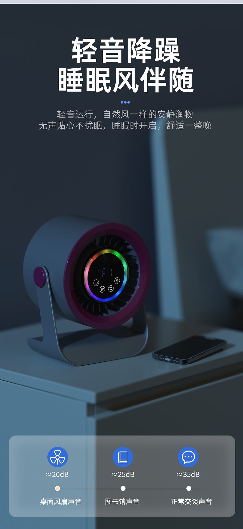 【中国直邮】 晶雅家 便携台式循环风扇 壁挂桌面两用 3 档轻音大风力 LED 触屏空气循环扇 少女粉色 1 台装