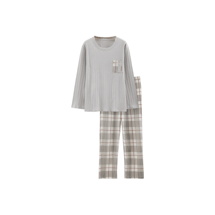 Crew Neck Long Sleeve Pajamas Grey Flannel Pajama Pants Loungewear Set XXL 175-183cm Men's