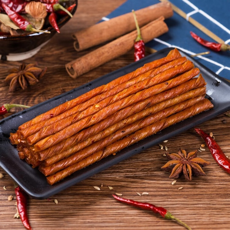 【中國直郵】 步步為贏 牛汁素腸麻辣條豆皮卷湖南特產休閒零食8090後兒時童年記憶 50g牛汁素腸X3包 4