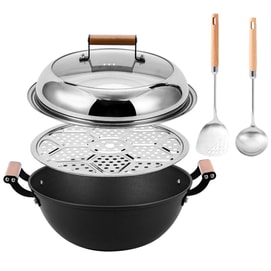 2 IN 1 Steam Stew Iron Pot With Steamer 32CM,With Stainless Steel Spatula And Spoon