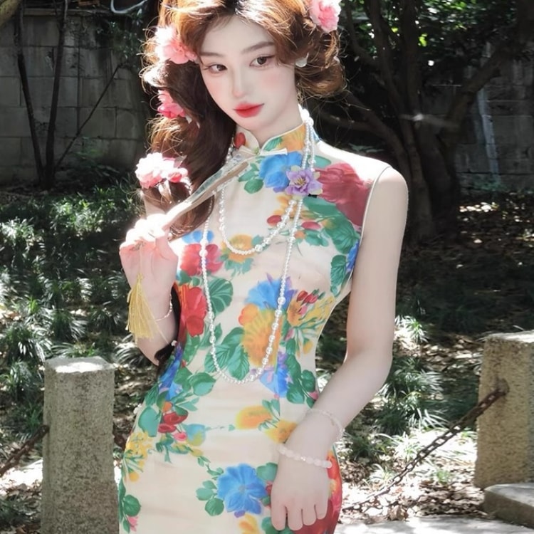 chinese style bodycon dress New Chinese-style retro-inspired cheongsam with oil painting print sexy dress size M 1 piece atf-oc-08.28.25 Linen For Spring: Transition My Actual Bust is:18
