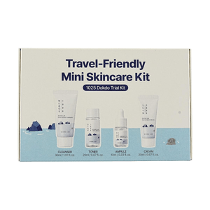1025 Dokdo Travel Routine Trial Kit Hydrating 4-Step Mini Skincare Set, Cleanser + Toner + Ampoule + Cream (Travel Size)