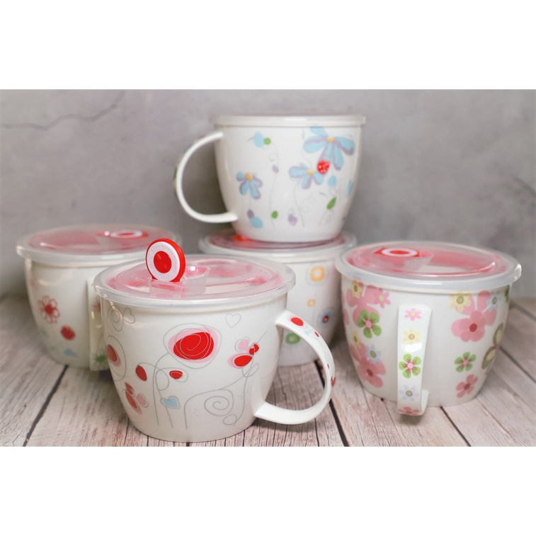 GINKGOHOME Microwavable Ceramic Noodle Bowl with Handle and Seal Fine Porcelain Floral Design - Square Flowers 24oz 3