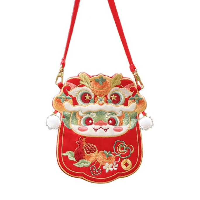 【中国直送】Shanghai Qianli 2024 Year of the Dragon New Year Hanfu Bag Embroidered Crossbody Bag New Year Hanfu Accessories Bag Children Adult Retro Crossbody Bag-Shishi Linglong 1pc丨※入荷目安3-4週間