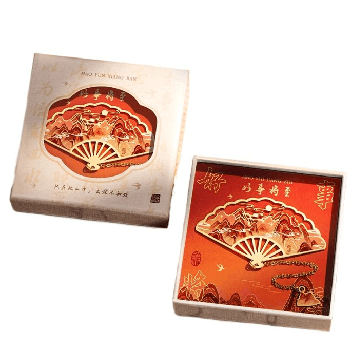 【中国直邮】 雄狮文具 古典中国风书签精致扇形金属黄铜书签 好事将至 42*70mm