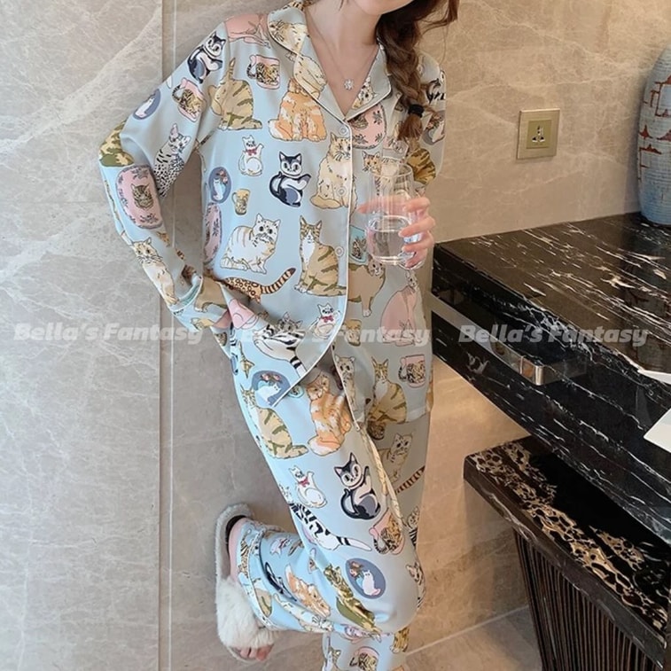 美国 Bella’s Fantasy Bella's Fantasy 赵露思同款猫咪手绘冰丝长袖长裤秋冬睡衣套装超热卖 水蓝色 M 7