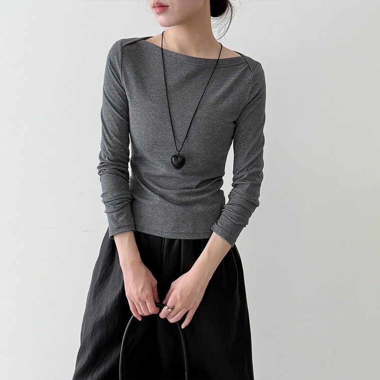 Inner‑wear Long‑Sleeve T‑Shirt Cement Gray M 1 piece Vintage High‑Intellectual Boat‑Neck Slim‑Fit Figure‑Flattering Y2K‑Chic Top 4