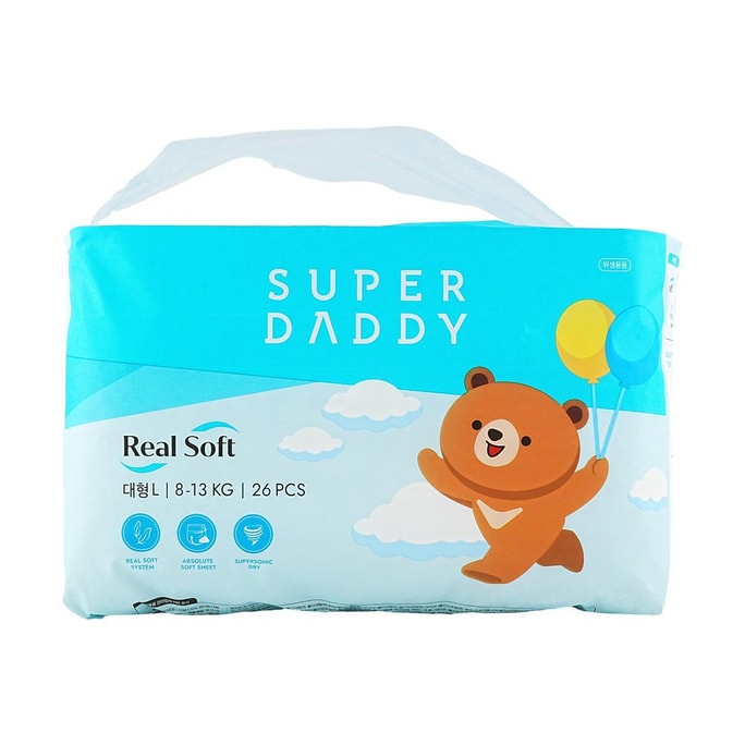 韩国SUPER DADDY Real Soft真柔软婴儿拉拉裤学步裤 尿不湿尿布 舒适宽松纸尿裤   L 8-13kg 26枚入 