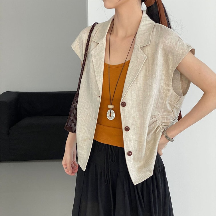 Elegant V‑Neck Vest Linen Color Size L 1 Piece Old‑Money Commute Style Lyocell‑Linen Blend Vintage Pleated Waist‑Cinching Vest Top 5