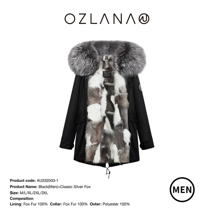 中国直送】【先行販売】OZLANA 冬のクラシックファーコート + ダウンエクステンションバッグ ブラック + クラシックシルバーフォックスファー  (メンズスタイル) M 発送までに5～15営業日かかります - Yami