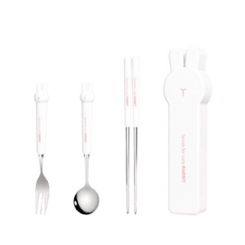 Bear Bunny Handle Portable Set 304 Stainless Steel Spoon Fork and Chopsticks White Bunny 3 Piece Set