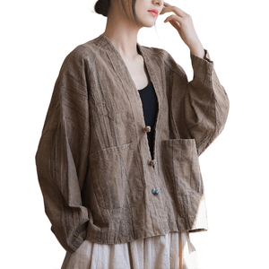 Chinese Style Ramie Literary Vintage Retro Button Cardigan Jacket For Women Brown Onesize