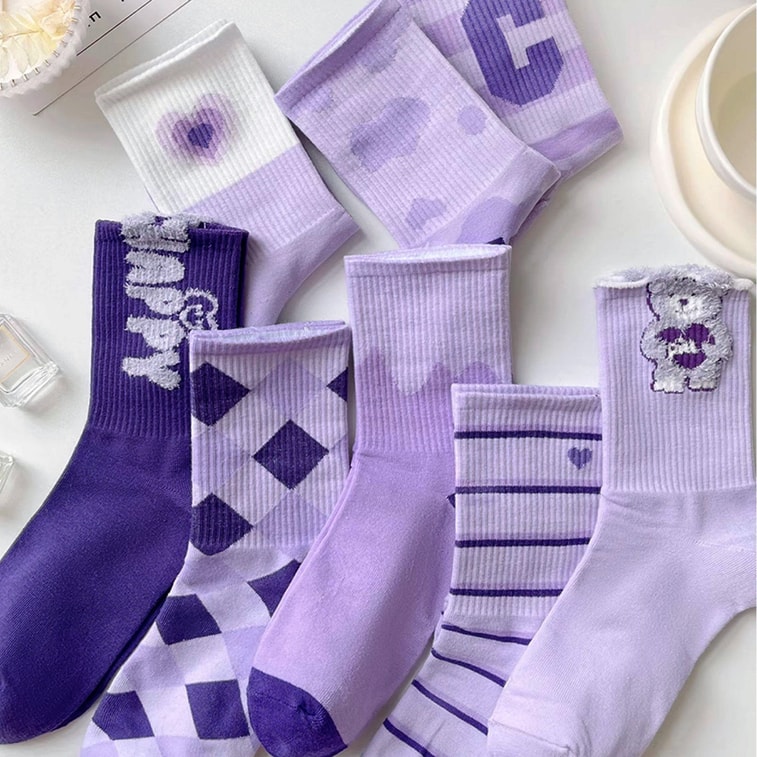 [중국 직배송] HSPM 일본 스타일 만화 보라색 귀여운 곰 무릎 위 양말 - 구름 + 곰 + 하트 줄무늬 + 파도 - 1세트 7