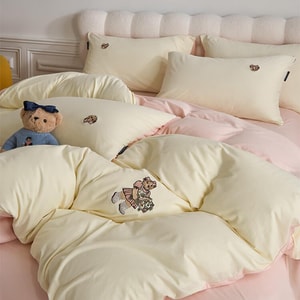 32S Knitted Dual-Color Bedding Set Yellow & Pink 4-Piece Sheet for 78.74×90.55in Quilt Insert