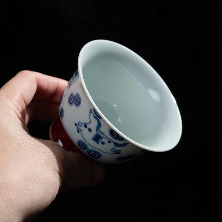 小师姐评茶 马上有钱 手绘石榴杯 青花宣德红 品茗杯 功夫茶杯 主人杯 景德镇瓷器 润翠堂大师手作 90毫升 3