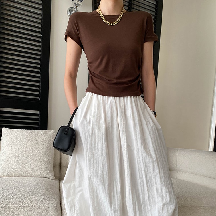 Paper Man Wearing Simple and Versatile Round Neck Folded Waist Slimming Short Sleeve T-shirt White L 6