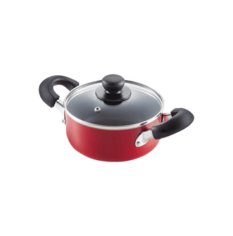 Japan Metal Kitchen Cooking Nonstick Frying Pot with Glass Cover, Red, 16cm